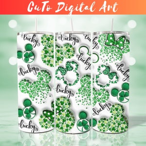 3D Lucky Cartoon Mouse opgeblazen beker wrap PNG, 3D Puffy Clover St. Patrick's Day 20oz magere beker sublimatie ontwerp, Instant Download