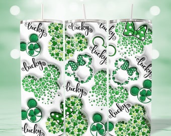 Gobelet gonflé enveloppant souris porte-bonheur 3D PNG, trèfle gonflé 3D Saint-Patrick 20 oz gobelet skinny design en sublimation, téléchargement immédiat