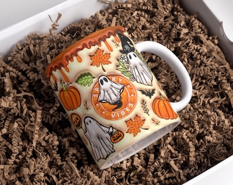3D oranje spookachtige sfeer opgeblazen mokomslag sublimatieontwerp 11 oz en 15 oz, Puff Ghost-mok png-sublimatieontwerpen, sjabloon voor sublimatie