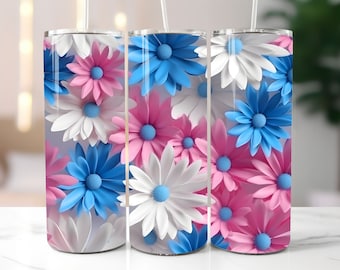 3D Pink White Blue Daisies Flowers 20 oz Skinny Tumbler Sublimation Design, Straight And Tapered Tumbler Wrap, Instant Download PNG