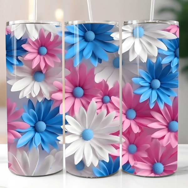 3D Pink White Blue Daisies Flowers 20 oz Skinny Tumbler Sublimation Design, Straight And Tapered Tumbler Wrap, Instant Download PNG