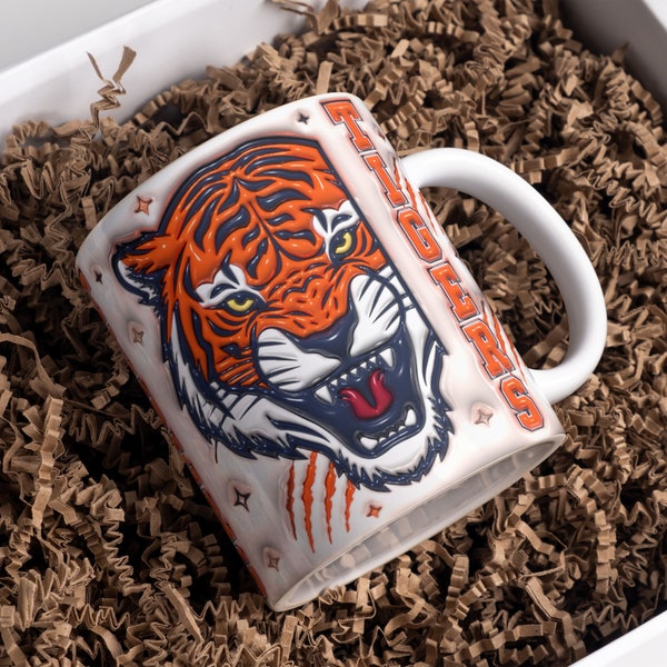 3D Blue-Orange Tigers Inflated Mug Wrap Sublimation Design 11oz & 15oz, 3D Puffy Tigers Team Mug PNG, Mug Template For Sublimation