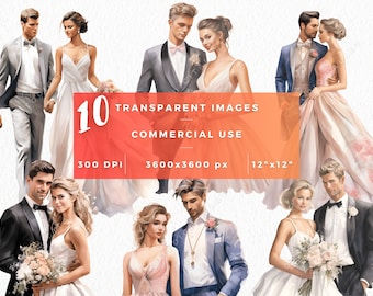 Bride and Groom Watercolor Clipart Bundle, Wedding Clipart Watercolor, Wedding Clipart Bride and Groom PNG, Digital Download, Commercial Use