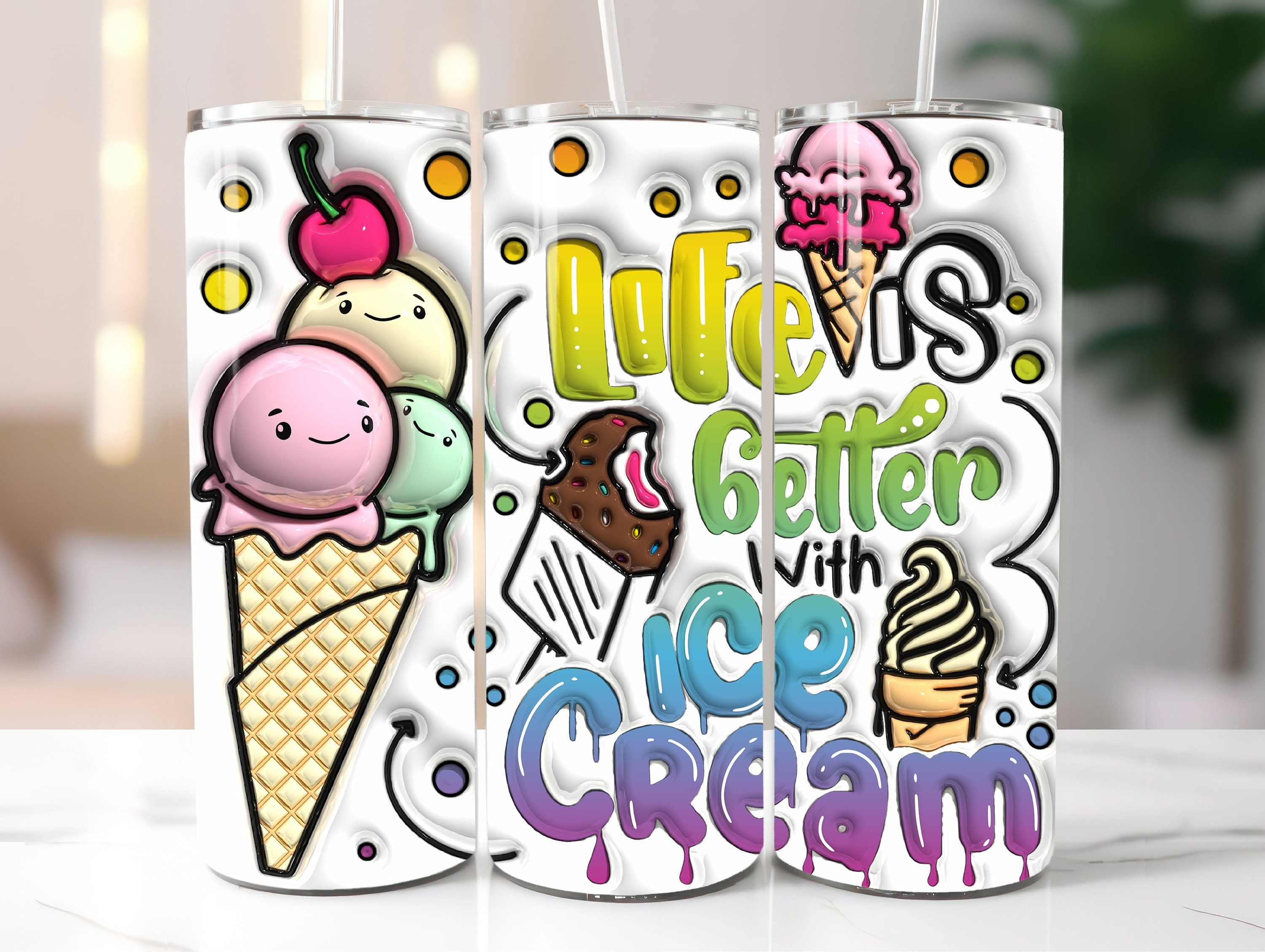 3D Life is better with Ice Cream Inflated Tumbler Wrap PNG - Puffy Summer 20oz Skinny Tumbler Sublimation Design - Instant Digital Download