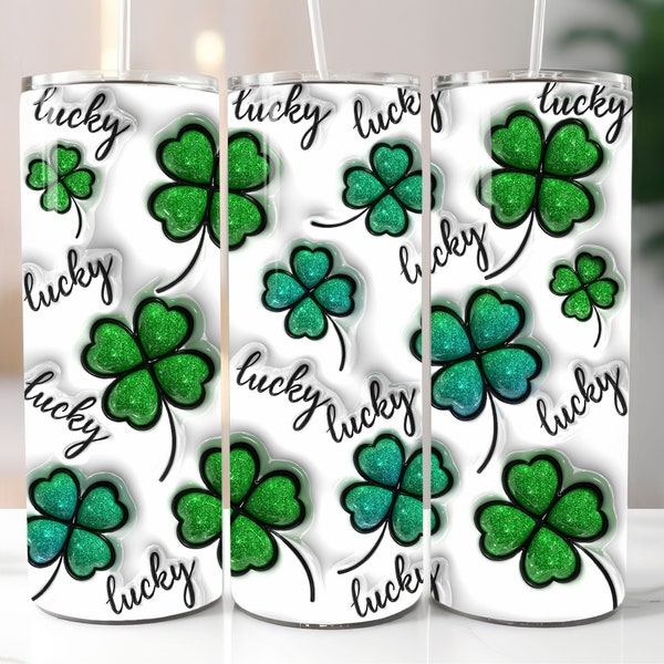 3D Lucky Four Leaf Glitter Clover Inflated Tumbler Wrap PNG, Puffy St Patrick's Day 20oz Skinny Tumbler Sublimation Design, Instant Download