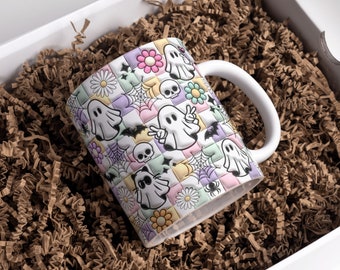 3D Inflated Retro Halloween Mug Wrap Design 11oz & 15oz, Puffy Cute Ghost Mug PNG Sublimation Design, Pastel Spooky Vibes Digital Download
