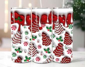 Envoltura de vaso inflable con forma de árbol de Navidad sin costuras en 3D PNG, diseño de sublimación de vaso de 20 oz con forma de pastel de bocadillo inflado para Navidad, descarga digital instantánea