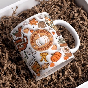 3D Inflated Fall Vibes Coffee Mug Wrap, Sublimation Design 11oz & 15oz, Puff Autumn Mug PNG, Mug Template For Sublimation, Coffee Lover Gift