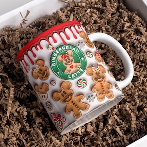3D opgeblazen cartoon peperkoek latte mok wrap ontwerp 11oz & 15oz, gezwollen kerstmok sublimatie ontwerp PNG, mok sjabloon voor sublimatie