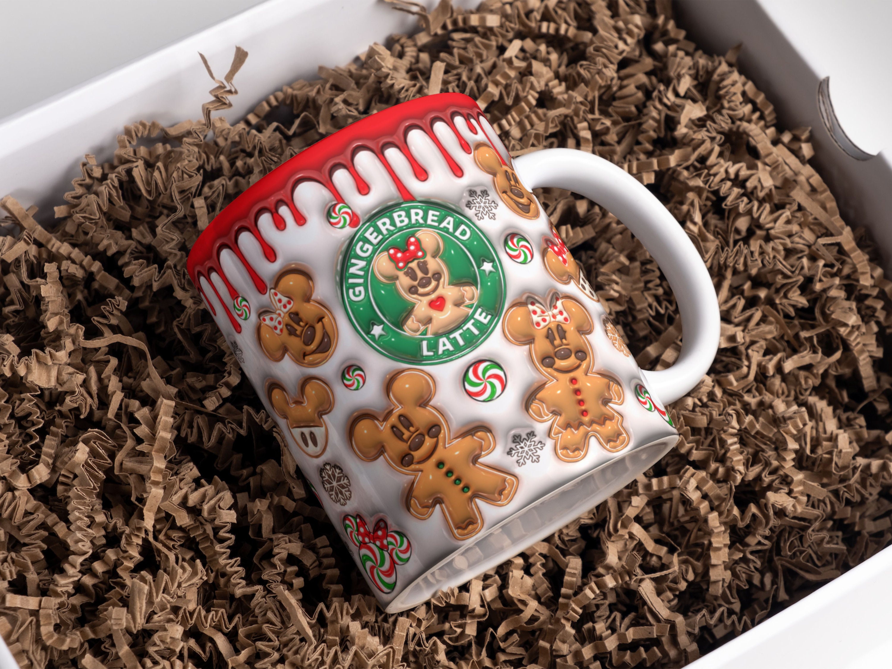 3D aufgeblasener Cartoon Lebkuchen Latte Becher Wrap Design 11 Unzen 15 Unzen, geschwollener Weihnachtsbecher Sublimationsdesign PNG, Bechervorlage für Sublimation