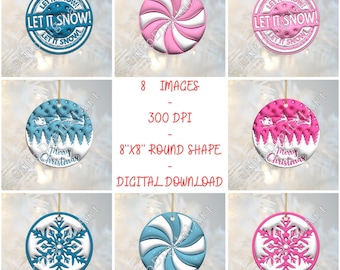 Adornos navideños inflados 3D PNG de sublimación, imágenes de adornos navideños inflados, descarga digital de burbujas redondas navideñas, paquete de decoración navideña
