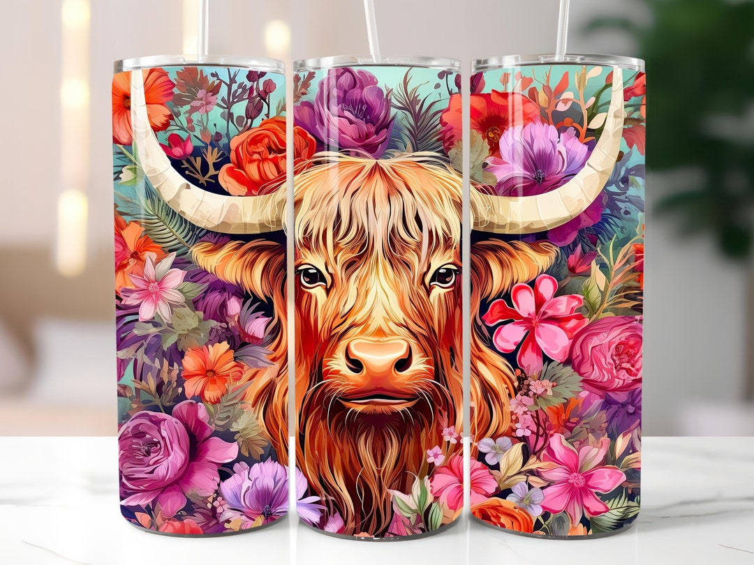 3D Highland Cow Watercolor Skinny Tumbler Wrap - 20oz Tumbler & 30oz ...