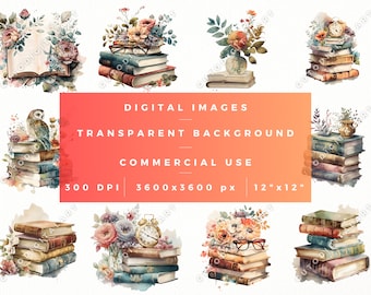 May include: A digital illustration set of watercolor paintings featuring stacks of vintage books with floral arrangements, an owl, a clock, and glasses. The illustrations are on a transparent background and are 3600x3600 pixels, 300 DPI, and 12 inches by 12 inches.