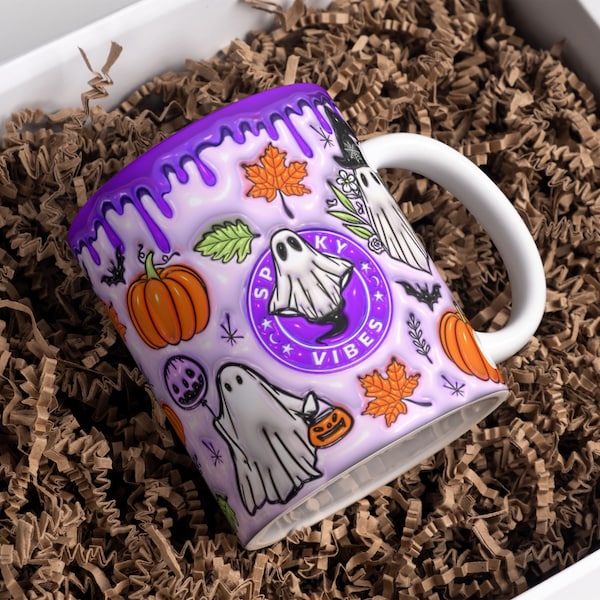 3D Purple Spooky Vibes Inflated Mug Wrap Sublimation Design 11oz & 15oz, Puff Ghost Mug PNG Sublimation Designs, Template For Sublimation