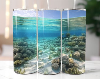 3D Underwater Coral Reef and Beach, Skinny Tumbler Wrap Sublimation Design, Straight And Tapered Tumbler Wrap, Instant Digital Download PNG