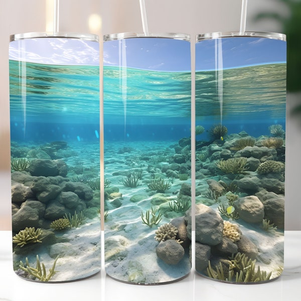 3D Underwater Coral Reef and Beach, Skinny Tumbler Wrap Sublimation Design, Straight And Tapered Tumbler Wrap, Instant Digital Download PNG