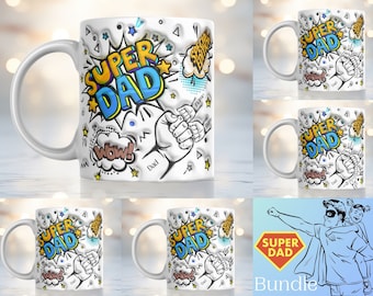 Personalized Super Dad and Baby Hands Inflated Mug Sublimation Design 11oz & 15oz, Puff Father's Day Mug PNG, Father and Child Fist Bump PNG