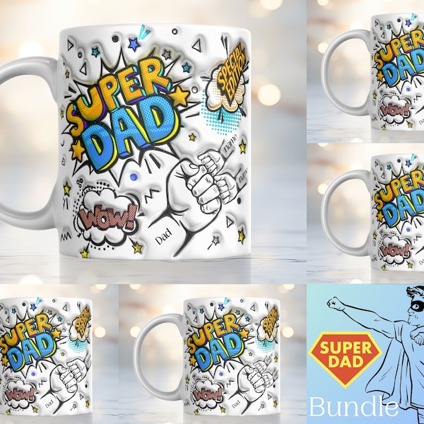 Personalized Super Dad and Baby Hands Inflated Mug Sublimation Design 11oz & 15oz, Puff Father's Day Mug PNG, Father and Child Fist Bump PNG