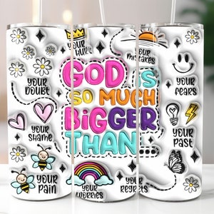 Dieu gonflé en 3D est tellement plus grand que Tumbler Wrap, 3D Puffy Retro Christian 20oz Skinny Tumbler Sublimation, Téléchargement numérique