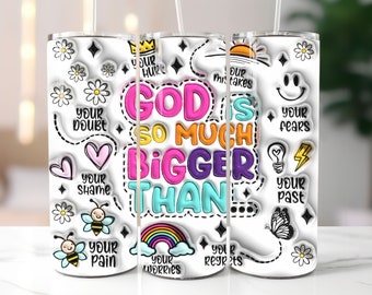 Envoltura para vaso inflado 3D &quot;Dios es mucho más grande que Dios&quot;, vaso delgado retro cristiano de 20 oz, inflado por sublimación, descarga digital