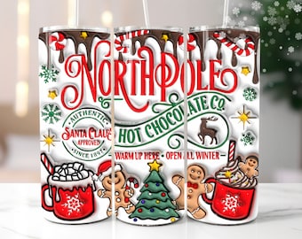 3D Inflated Northpole Hot Chocolate Christmas Tumbler Wrap Design, 3D Puffy Gingerbread Tumbler Sublimation, 3D Santa Claus Tumbler Wrap PNG