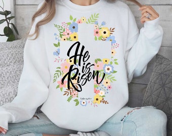 Diseño de sublimación PNG de Pascua cristiana con flores de primavera - Diseño de enamorados PNG de Él ha resucitado - Camiseta PNG con versículo bíblico de Pascua Sublimación PNG