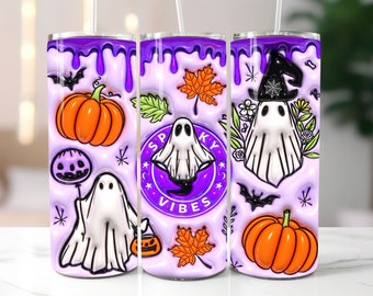 3D Purple Spooky Vibes opgeblazen beker wrap, bladerdeeg Halloween Ghost PNG, 20oz beker sublimatie ontwerp, instant digitale download
