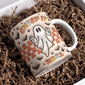 3D Retro Halloween Inflated Mug Wrap Sublimation Design 11oz & 15oz, 3D Puff Ghost Mug PNG, Mug Template For Sublimation