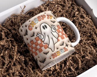 3D Retro Halloween Opgeblazen Mok Wrap Sublimatie Ontwerp 11oz & 15oz, 3D Bladerdeeg Ghost Mok PNG, Mok Sjabloon Voor Sublimatie