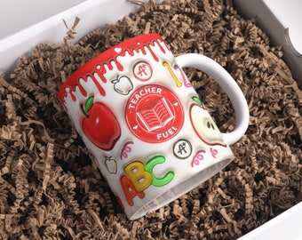 3D Teacher Fuel Inflated Mug Wrap Sublimation Design 11oz & 15oz, 3D Puffy Teacher Mug PNG, Mug Sublimation Designs