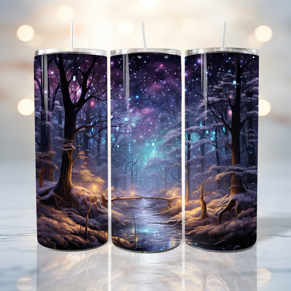 3D Blue Firefly Enchanted Forest Night Sky Tumbler Design. Available As Straight And Tapered Sublimation Tumbler Wrap. DIY Tumbler