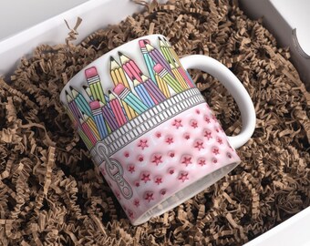 3D Teacher Pencil Case Inflated Mug Wrap Sublimation Design 11oz & 15oz, Funny Puffy Pink Teacher Mug PNG, Mug Sublimation Designs