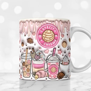 May include: White ceramic mug with a pink and white design featuring a cartoon illustration of coffee, pastries, and the text "Cafecito y Chisme".