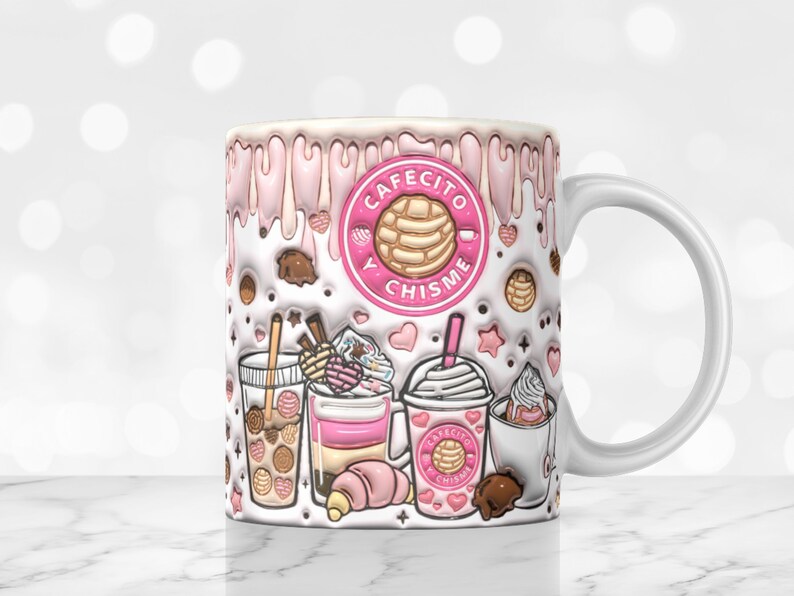 May include: White ceramic mug with a pink and white design featuring a cartoon illustration of coffee, pastries, and the text "Cafecito y Chisme".