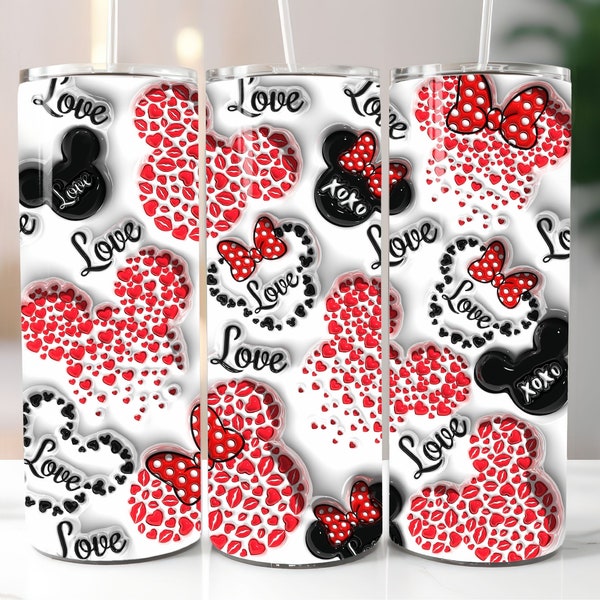 3D Mouse Hearts Valentine Inflated Tumbler Wrap - Puffy Love Saint's Day 20oz Cup Sublimation Digital Design - Valentine's Day Tumbler PNG