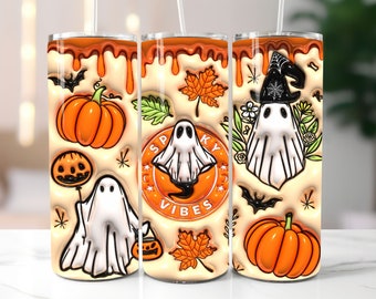 3D oranje Spooky Vibes opgeblazen Tumbler Wrap, Puff Halloween Ghost PNG, 20oz Tumbler sublimatie ontwerp, Instant Digitale Download