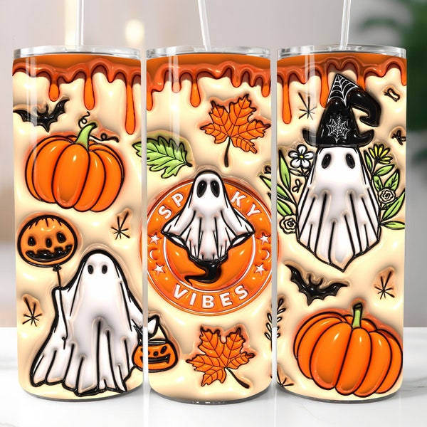 3D Orange Spooky Vibes Inflated Tumbler Wrap, Puff Halloween Ghost PNG, 20oz Tumbler Sublimation Design, Instant Digital Download