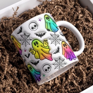 3D Colorful Halloween Ghosts Inflated Mug Wrap Sublimation Design 11oz & 15oz, Puff Spooky Ghost Mug PNG Sublimation Design Digital Download