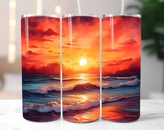 Watercolor Beach Sunset 20 oz Skinny Tumbler Sublimation Design, Straight And Tapered Tumbler Wrap, Instant Digital Download PNG