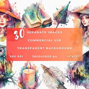 Watercolor Colorful Good Witch Clipart Bundle, Transparent witch fantasy style png, Watercolor Wiccan clipart, Commercial Use, Mystical png