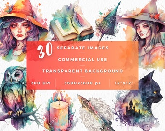 Watercolor Colorful Good Witch Clipart Bundle, Transparent witch fantasy style png, Watercolor Wiccan clipart, Commercial Use, Mystical png