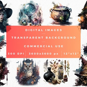 Watercolor Gothic Witch Clipart Bundle, Transparent witch vintage style, Watercolor Gothic Witch png, Commercial Use, Gothic Witch Clipart