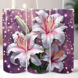 3D Purple Pink Lilies 20oz & 30oz Skinny Tumbler Sublimation Design, Straight And Tapered Tumbler Wrap, Instant Digital Download PNG