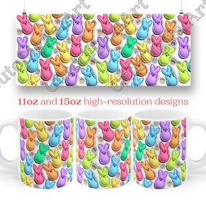 May include: Three white ceramic mugs with a colorful pattern of pastel-colored Peeps marshmallow candies and white flowers. The mugs are 11oz and 15oz high-resolution designs.