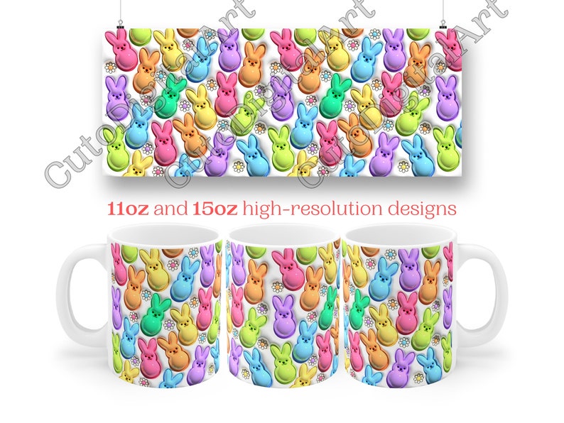 May include: Three white ceramic mugs with a colorful pattern of pastel-colored Peeps marshmallow candies and white flowers. The mugs are 11oz and 15oz high-resolution designs.