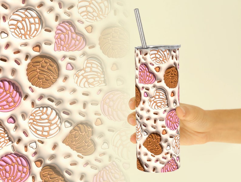 3D Inflated Cafecito Y Chisme Valentine's Day Tumbler Wrap, Puffy Concha Mexican Valentine 20oz Tumbler Sublimation Design, Digital Download image 2