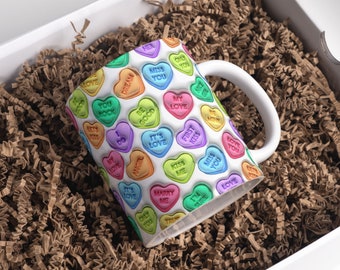 3D Colorful Heart Candy Inflated Mug Wrap Sublimation Design 11oz & 15oz, 3D Puffy Valentine's Day Hearts Mug PNG, Mug Sublimation Designs