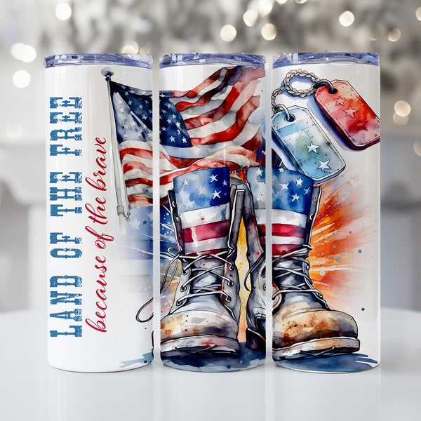 Watercolor Land of the Free Because of the Brave - Patriotic American Flag and Military Boots Tribute, Veteran Memorial Day Tumbler Wrap PNG