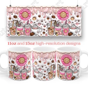 May include: Three white ceramic mugs with pink and white designs. The mugs feature a pattern of dripping pink icing, hearts, stars, and a cartoon illustration of a pastry with the text "Cafecito y Chisme".