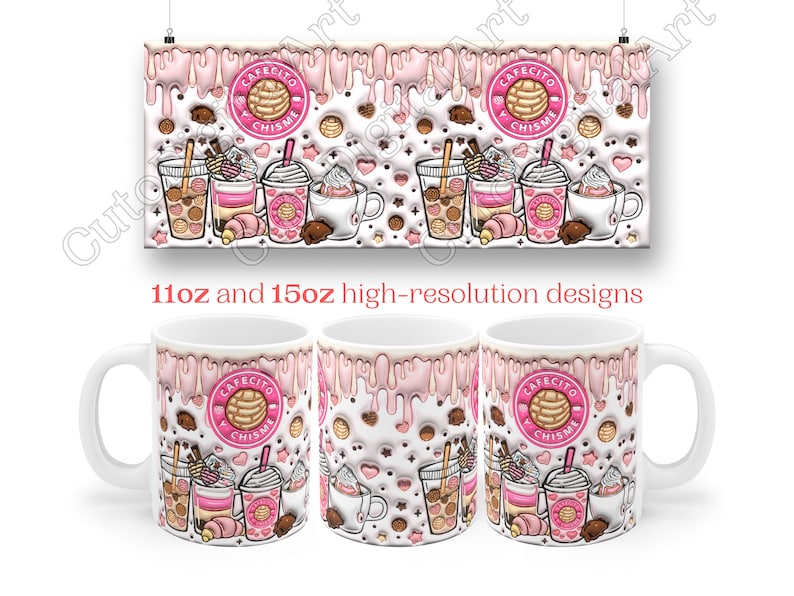 May include: Three white ceramic mugs with pink and white designs. The mugs feature a pattern of dripping pink icing, hearts, stars, and a cartoon illustration of a pastry with the text "Cafecito y Chisme".